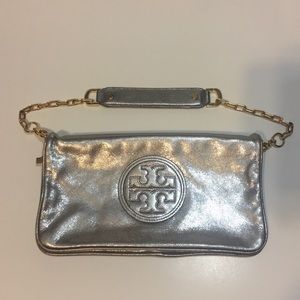 Tory Burch Silver Leather Reba Shoulder Purse